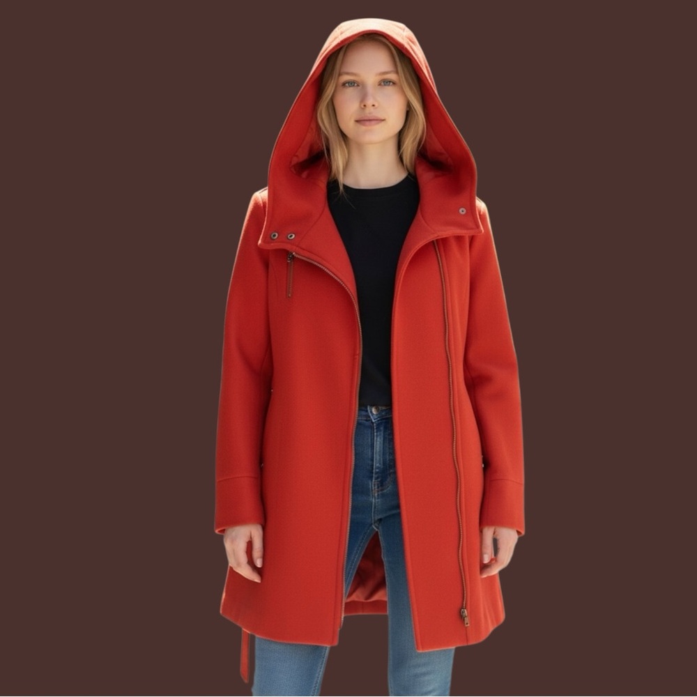 Michael Michael Kors Orange Wool Blend Hooded Belted Coat. SZ.8